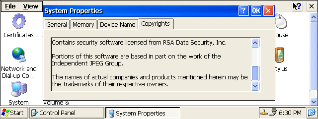 Windows CE .net 4.1 System Properties Copyright